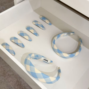 Trendy Plaid Blue Headband Wide Edge Quirky Hair Accessory Fashionable Hairpin for High Hairline Unknown Brand Inexpensive