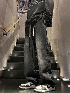 กางเกงยีนส์ทรงหลวมเอวยางยืดสำหรับผู้ชาย สไตล์อเมริกัน ทรงหลวม ขาตรง กางเกงขายาวทรงหลวมสำหรับฤดูใบไม้ร่วงและฤดูใบไม้ผลิ