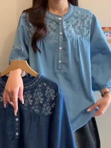 AIYITI | Ethnic Style Retro Embroidered Plus Size Jeans Shirt