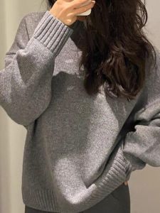 Japanese-Style Retro Gray Sweater Womens Early Autumn round Neck Loose and Lazy Style Spring & Fall Inner Wear Base Knitwear Tops