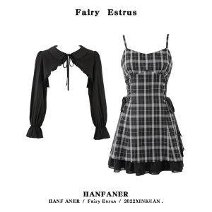 Black Plaid Strap Dress Womens Summer New Hot Girl Design Sense Bow Waist Cinch Hem Short Skirt High Waist Butterfly Knot A-Line Dress