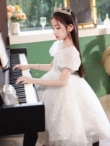 Childrens Dress Princess Dress Little Girl Summer White Flower Girl Wedding Dress Girl Piano Playing Host Performance Costume