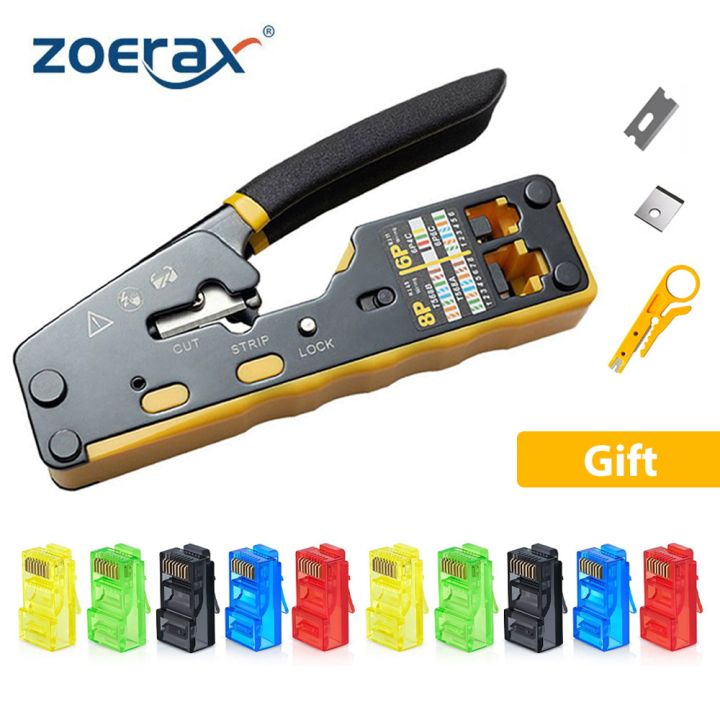 Zoerax rj45 crimp tool pass through crimper cutter for cat6 cat5 cat5e