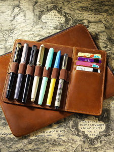 Crazy Horse Leather Zipper Pen Bag First Layer Cowhide Cosmetics Bag More than Pen Stationery Box Large Capacity Removable Pencil Case