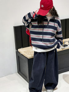 Thickened Fleece Girls Stripe Pants And Hoodie Set Autumn Winter Casual Wear Breathable Moisture Wicking Antibacterial Clothing