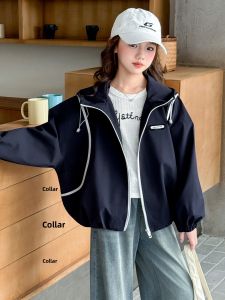MPW | Girls Hooded Jacket 2025 Spring Autumn Korean Style Color Block Striped Coat For Medium And Large Children Fashionable And Stylish