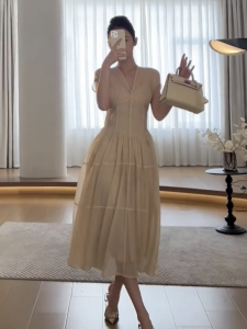 Elegant French Style V-Neck Fairy Dress Womens Waist-Cinching Slimming High-End Detailed Tea Break Midi Skirt A-Line Dress