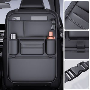 SEAMETAL Car Seat Back Storage Bag PU Leather Organizer Hanging Bag With Pockets Kick Mats Seat Interior Accessories