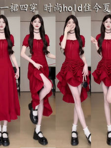 ชุดเดรสทรงเอสีแดงสไตล์เกาหลี ทรงเข้ารูป คอเหลี่ยม ทรงเข้ารูป ชุดเดรสฤดูร้อนสำหรับผู้หญิง ชุดเดรสทรงเอสีแดง ชุดเดรสทรงเอ