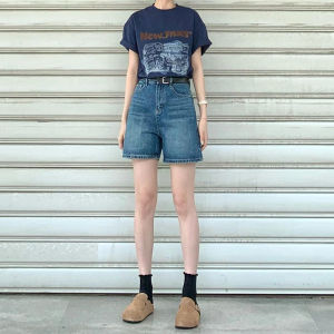 Retro Wash High Waist Jeans Shorts Women Summer New Loose Slim Straight Five-Quarter Middle Pants Deep Color Anti-Wrinkle