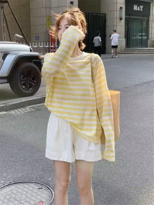 Summer New Loose Long Sleeve Striped T-Shirt Womens Casual Thin Sun Protection Shirt Cover up Top round Neck Commute Style
