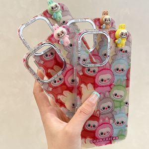 【New】Electroplated Silver Metal Frame Colorful Labubu Pattern IMD Phone Case with 3D Doll For iPhone 12 13 14 15 16 Series