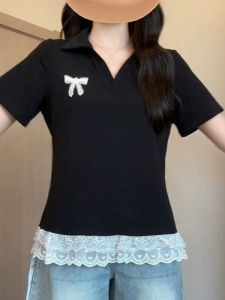 plus Size Lace Butterfly Knot Short Sleeve T-Shirt Womens Loose Fit Summer Design Slimming Top for Plump Women Korean Style