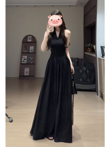 Elegant French Black V-Neck Hanging Neck Dress Womens Summer Design Waist-Cinching Beautiful Sleeveless Long Dress