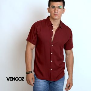 VENGOZ Kemeja Pria Slim Fit - Viscose Red Wine SS