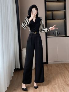 Elegant High Waist Wide Leg Pants Suit Womens One Piece Dress False Two-Piece Set Commute Style Cotton Blend Fabric