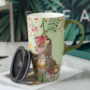 Cute Large Capacity Ceramic Cup with Lid for Home and Office Use