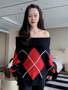 Trendy Korean Style Small Size One Shoulder Sweater Womens Spring Fashion Diamond Grid Commuting Versatile Knitted Top