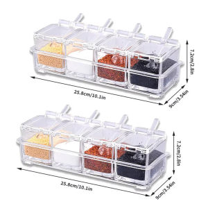 4 Piece Clear Seasoning Rack Spice Pots Storage Container Condiment Jars Cruet with Cover and Spoon for Kitchen Organization