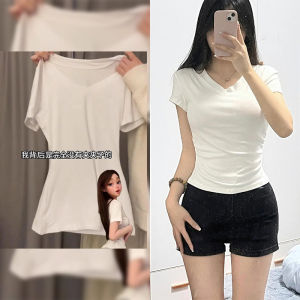 Áo Thun Cotton Tay Ngắn Màu Đen Cổ Chữ V Mùa Đông 2025 Dành Cho Nữ Áo Thun Cơ Bản Áo Thun Cổ Chữ V Áo Thun Tay Ngắn