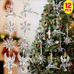 12Pcs Clear Acrylic Snowflake Hanging Ornaments Christmas Tree Decor Winter Party Angel Star Snowflake Elk Icicle Crystal Pendant