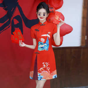 Chinese Fad Cheongsam Fried Street Young Model Red Printed Chinese Style Dress Exhibition Show Performance Banquet Performance Wear