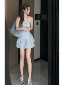 Váy Ngắn Chữ a Xếp Ly Cổ Treo Gợi Cảm Cho Nữ Mùa Hè 2025 Váy Chữ a Ôm Vừa Vặn Phong Cách Hàn Quốc Không Tay