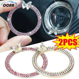 2Pcs Car Universal One Click Start Decorative Ring Rhinestone Diamon Stickers Bling Double Row Crystal Butterfly Decorative Hoop