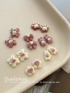 10Pcs 3D Plush Rabbit Bear Nail Art Charms White/Brown Bowtie Rabbits Nails Decorations DIY Hairpin Crafts Manicure Accessories