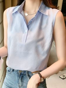 Womens Polo Collar Sleeveless Striped Shirt Summer New Style Inner Wear Tank Top Match All Clothes Commute Straight Tube Type