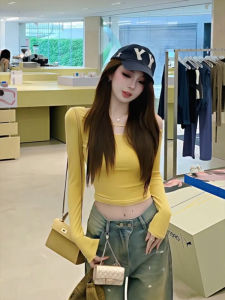 Áo Thun Dài Tay Khoét Sâu Vai Áo Thun Nữ Dáng Ôm Mùa Thu Đầu Tiên Áo Thun Ngắn Gợi Cảm Pure Desire Hot Bé Gái Áo Thun Ngắn Đẹp