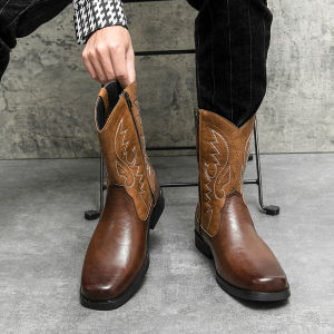 NUDANLAI | Vintage American Boots Mens Western Cowboy Work Boots Embroidered Side Zipper High Shaft Riding