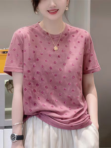 Shalldoer | เสื้อยืดคอกลมแขนสั้นลายจุดสีชมพูสำหรับผู้หญิง แฟชั่นฤดูร้อน ทรงสลิมฟิต พิมพ์ลาย ทรงปกติ วัสดุอื่นๆ