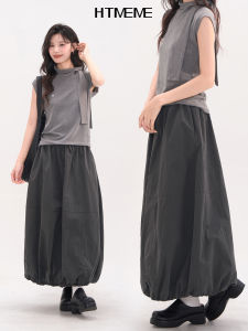 กระโปรงทรงดอกไม้เอวยางยืดสไตล์เกาหลี กระโปรงทรงดอกไม้เอวสูง ผ้าฝ้าย ทรงหลวม ฤดูใบไม้ร่วง 2025 กระโปรงทรงดอกไม้