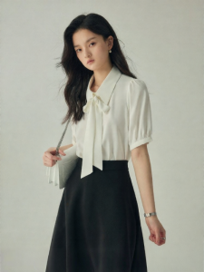 YAKEJIA | White Chiffon Ribbon Short Sleeve Shirt for Women Office Formal Interview