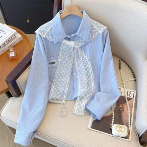 Blue Lace Shirt Womens Top Short Style French Design Spring Seasonspicy Girl Fashion Korean Version Slim Fit Commute Style