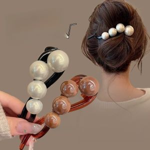 Elegant Pearl Twist Hair Clip Womens New 2024 One-Row Hair Clip High-End Feeling Back of Head Bun Hair Clip Headwear