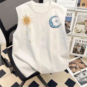 Áo Thun Cotton Không Tay Cổ Tròn Mùa Hè Thoáng Khí in Họa Tiết Sọc Cổ Điển Áo Thun Nam Thường Ngày Thoải Mái Rộng Rãi Mát Mẻ