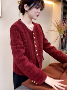 European Goods Stylish Chic Single Breasted Classic Style round Neck Long Sleeves Short New Year Red Elegant Womens Clothing Fall Winter Coat