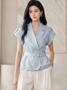 Roey s house | Áo Sơ Mi Linen Màu Xanh Có Dây buộc eo Và Thiết Kế Cổ Bẻ
