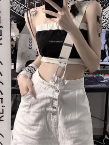 White Denim Overalls Womens High Waist Wide Leg Nine Points Slim Straight Single Shoulder Long Pants Summer Fashion plus Size