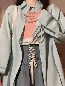 Retro American Fishbone Tie Half Skirt Letter Embroidery Loose Women's Shirt Three Piece Set Blue Long Sleeve Polo Collar