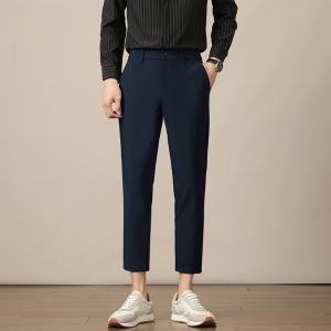 ROMON | Lormen Mens Slim Fit Ice Silk Straight Leg Casual Pants Summer Fashion Urban Style Breathable Thin Westwear Trousers