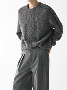 Fat Brother Grey round Neck Twist Sweater Mens Thickened Loose Casual Top Trendy Autumn Long Sleeve Polyester Nylon Wool Blend