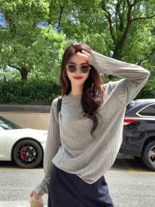 DUOFEIYAN | Korean Style Gray Stripe Loose Round Neck Knit Sweater