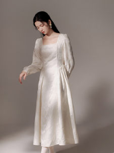 Slim Fit Vintage French Style Square Collar Spring Autumn Rose Embroidery Dress New Arrival Long Sleeve Commute Style Dress