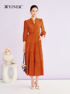 YINER | Elegant Belted Mandarin Collar Silk Cable Knitted Waist-cinching Dress