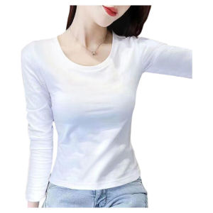 White Base Layer Shirt Womens Large Size round Neck Long Sleeve Pure Cotton Spring Autumn Style Slim Fit Inner Wear Top