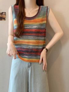 AIYITI | French Vintage Sleeveless Knitted Vest Hollow Out Thin Summer Top For Plus Size Women Commute Style Loose Fit Regular Length