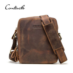 CONTACTS Genuine Leather Mens Messenger Bag Vintage Men Bag High Quality Male Crossbody Shoulder Bags